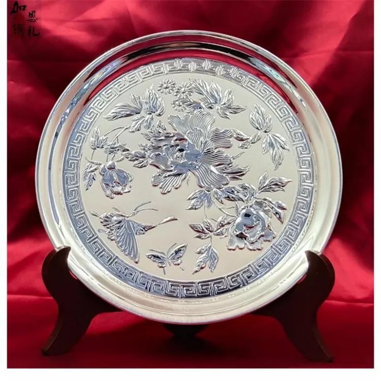 足银银制品 手工银盘999足银茶具盘酒具盘餐具水果盘子 纯银托盘
