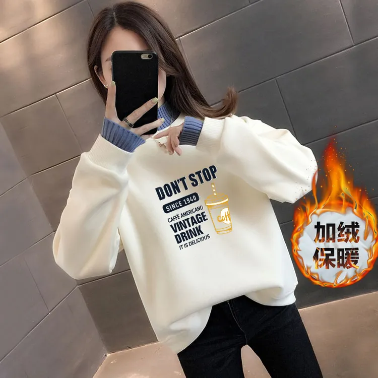 加绒加厚ins卫衣女半高领高级感假两件设计保暖宽松百搭秋冬新款