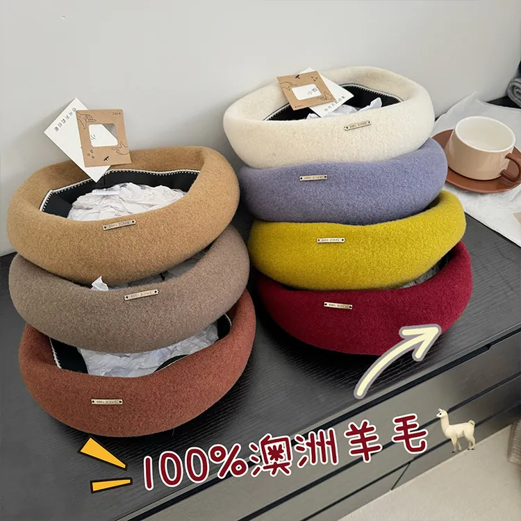 100%澳洲纯羊毛贝雷帽女2025新款秋冬日系小众大头围复古画家帽潮