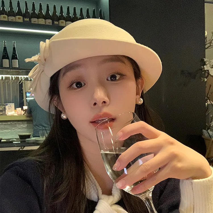 赫本风100%绵羊毛蝴蝶结卷边礼帽女秋冬高级感方圆脸显脸小千金帽