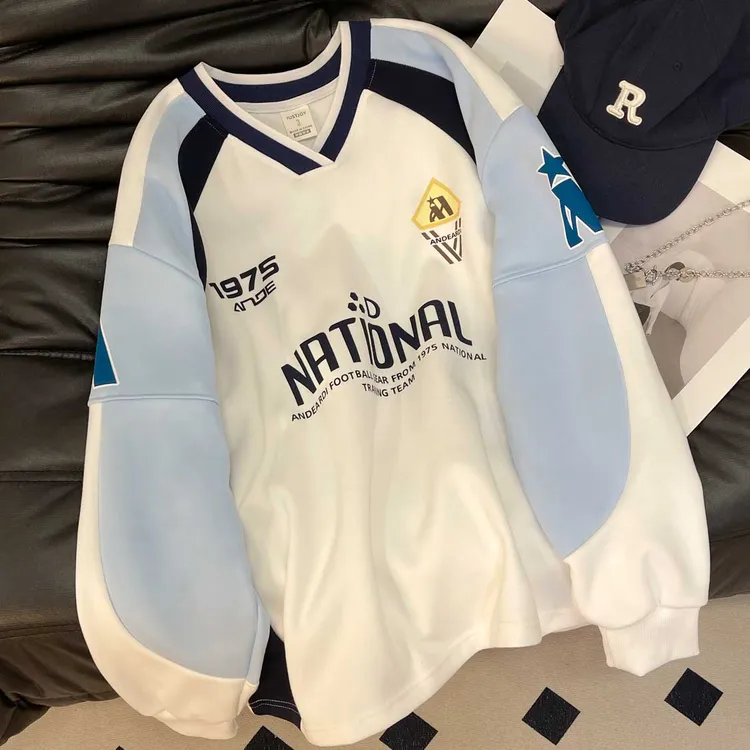 大码V领卫衣ins秋冬美式复古男女打底通勤百搭上衣显瘦慵懒风外套