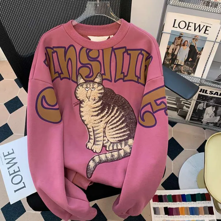 特大码秋冬款港味个性猫咪涂鸦加绒卫衣通勤气质时髦宽松百搭情侣