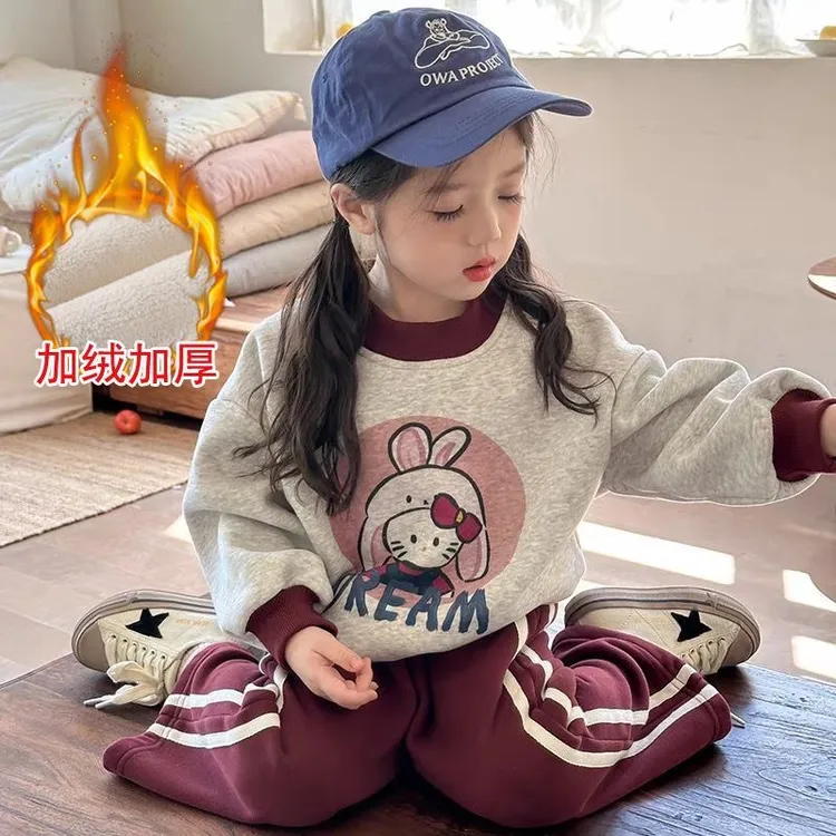 【现货套装】安格拉红加绒套装女童秋冬款卡通卫衣女宝宝宽松阔腿裤
