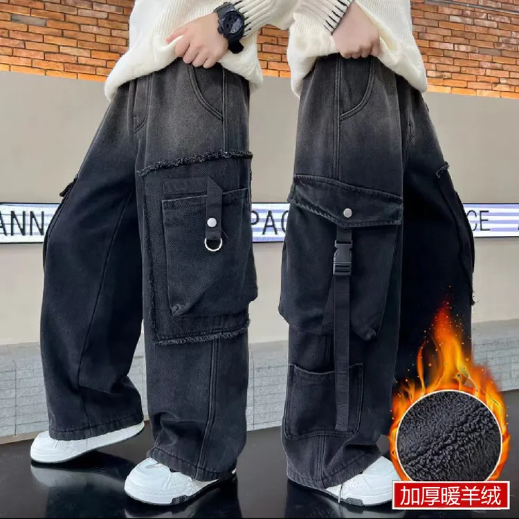男童牛仔加绒加厚一体直筒工装裤2025冬季新款中大童时尚宽松潮流