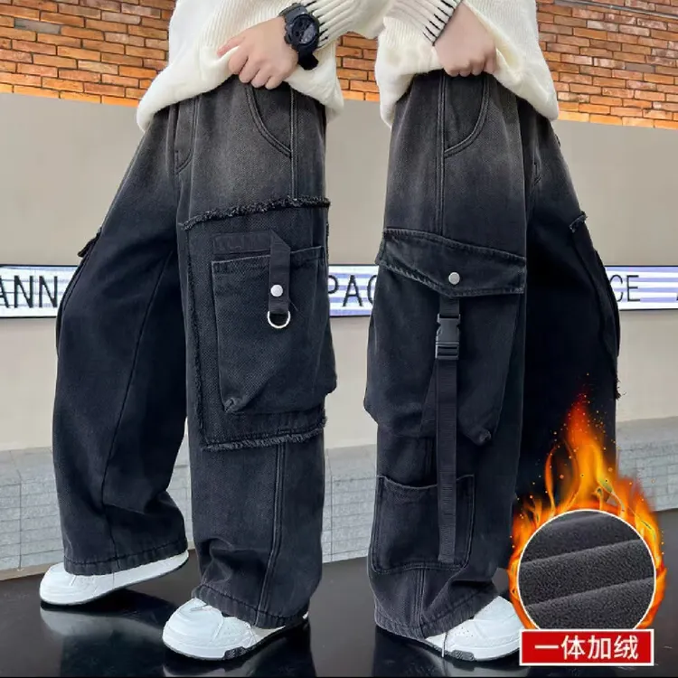 男童加绒牛仔直筒工装裤冬款2025新款中大童一体绒宽松休闲渐变裤