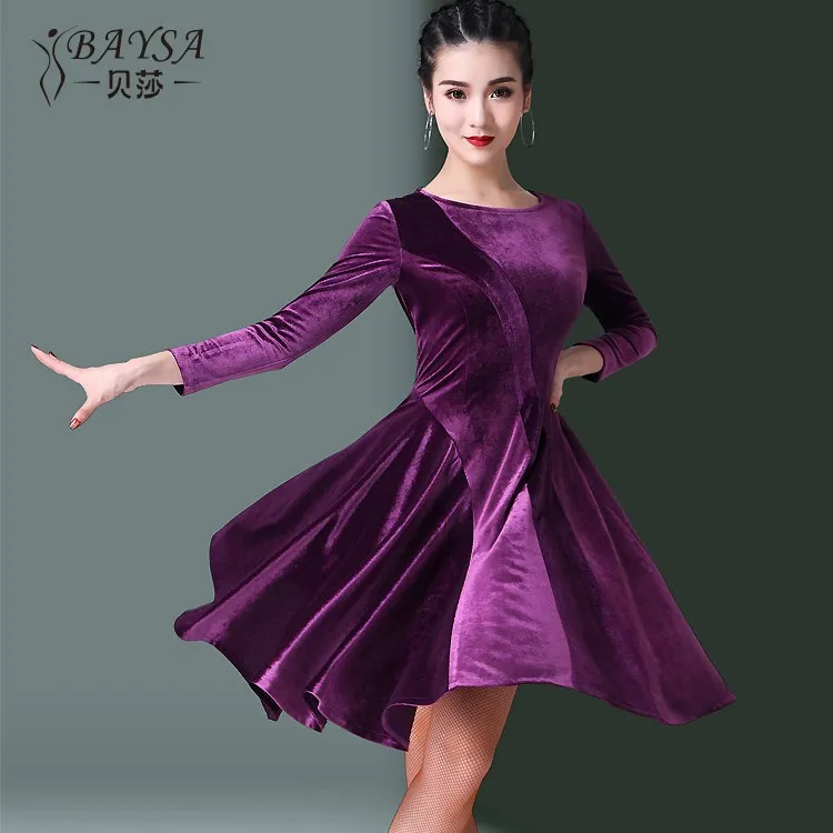 贝莎拉丁舞裙秋冬新款成人女长袖连衣裙丝绒交谊舞蹈服练功服Y008
