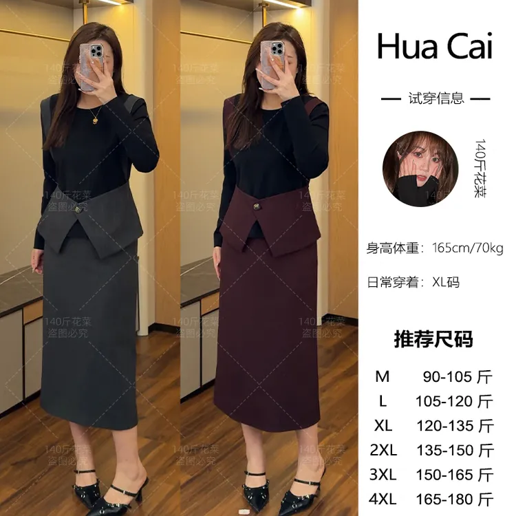 花菜微胖定制~【赫本小姐】秋冬新款通勤气质时尚假两件上衣+半裙