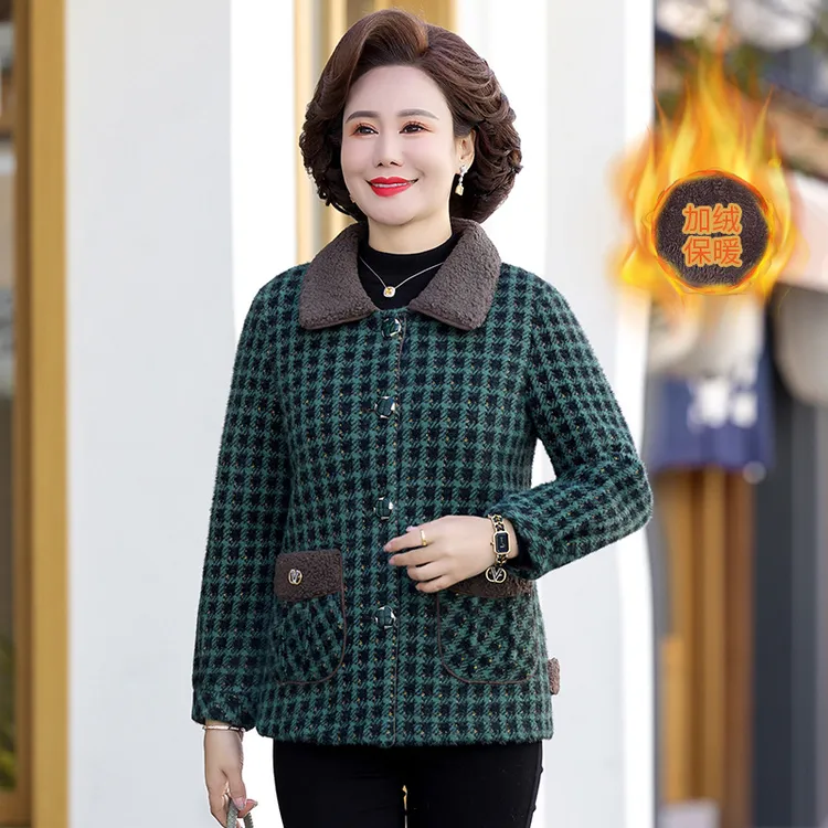 中老年女秋冬季毛呢外套中年妈妈装新款高档加绒保暖棉衣棉服