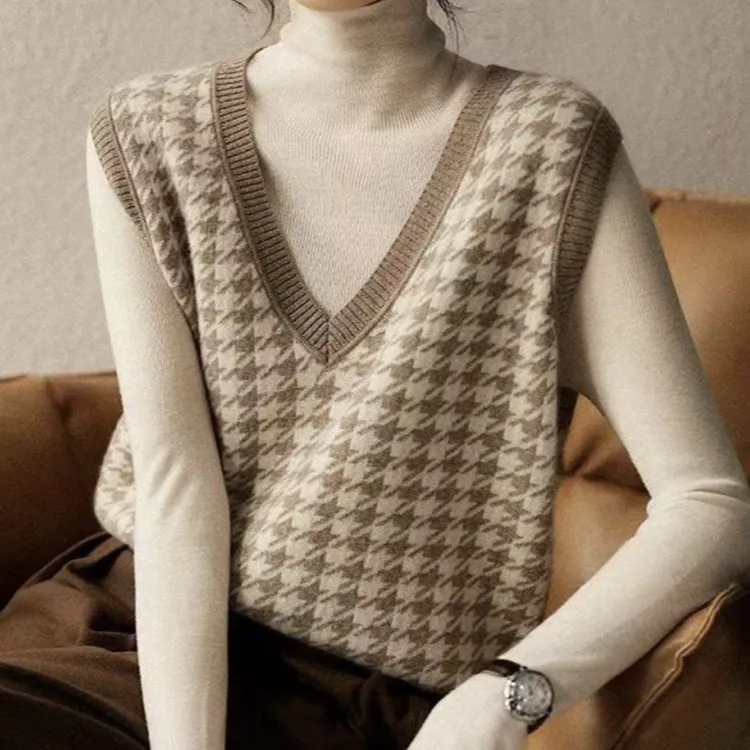 千鸟格内搭百搭针织马甲外穿春秋背心时尚洋气秋冬新款女上衣马夹