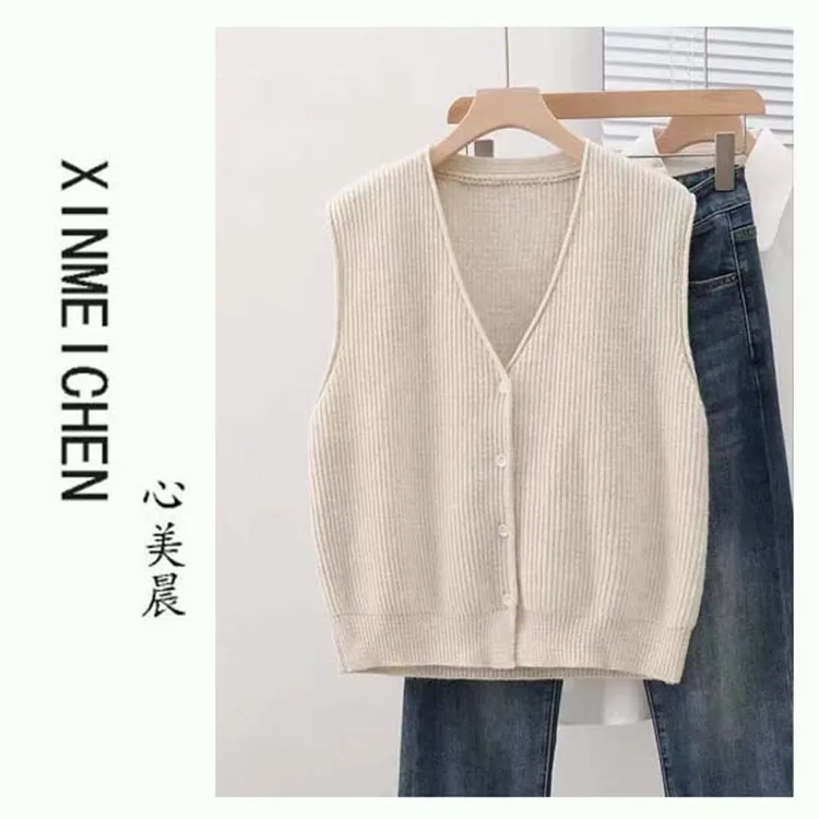 女 V领无袖开衫上衣百搭小众薄款针织背心春秋短款时尚休闲外穿