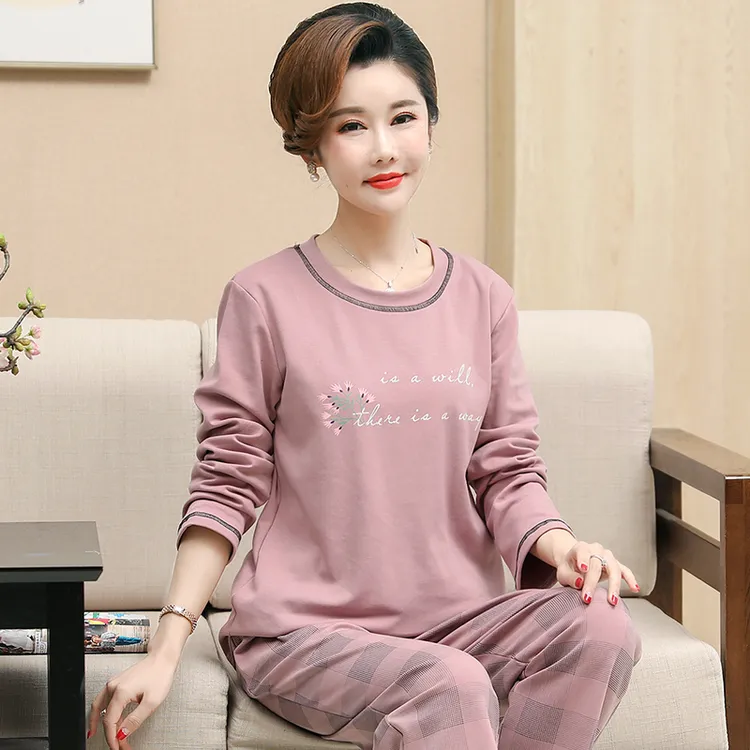 中年女士春秋季圆领长袖睡衣中老年妈妈婆婆休闲家居服套装可外穿