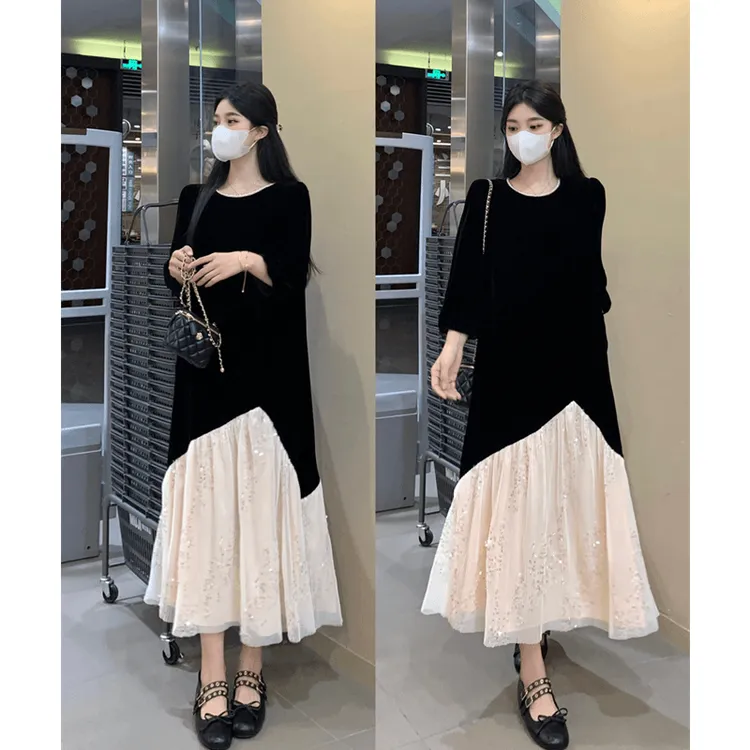 秋季新款高光派对设计款拼接亮片网纱气质显瘦黑色丝绒连衣裙