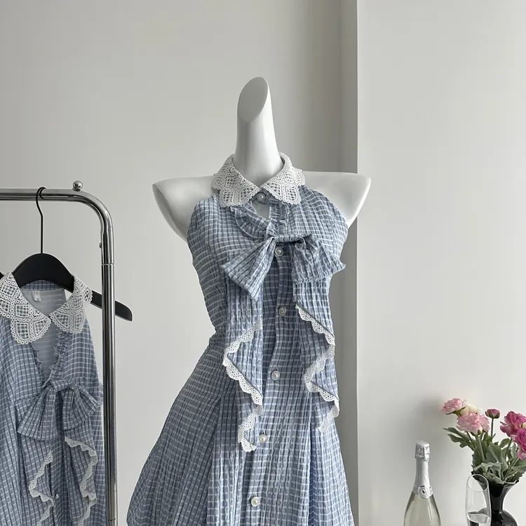 蝴蝶结蕾丝拼接格子挂脖衬衫连衣裙女夏季法式甜美收腰a字短裙子