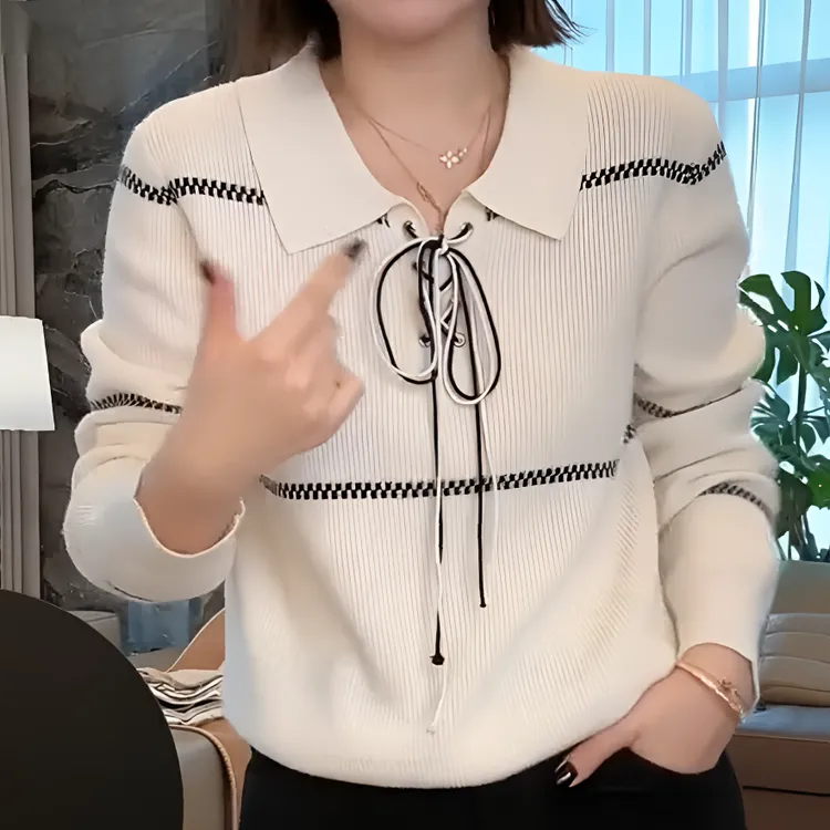 2024秋冬新款娃娃领套头毛衣女蝴蝶结宽松针织衫时尚百搭打底上衣