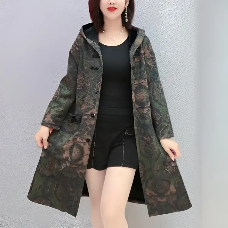 冬季新款加绒加厚新中式盘扣连帽外套中长款显瘦大码气质洋气