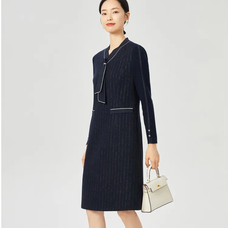 娜尔思长袖气质带领条纹连衣裙时尚女士冬季新款A字裙NF09534Q7