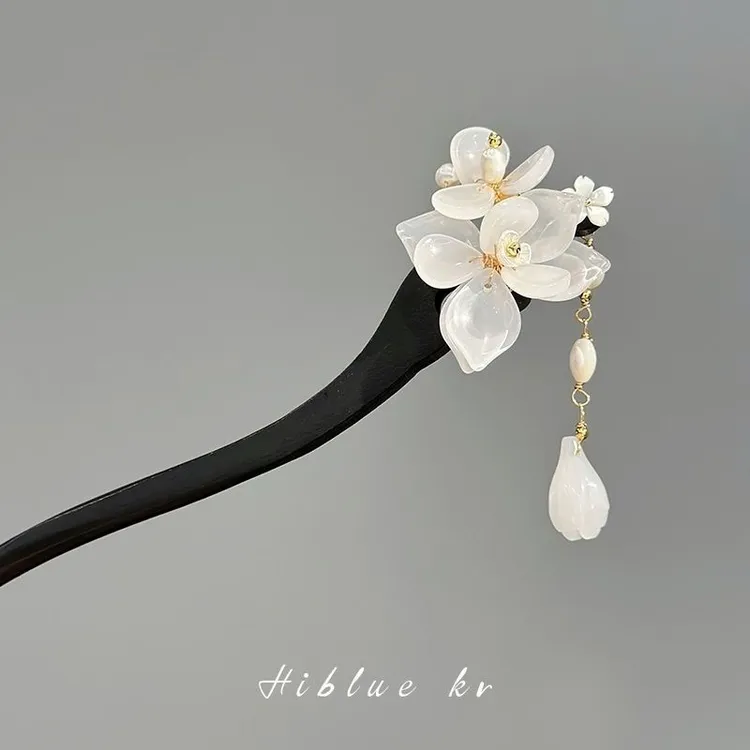 高级感新中式玉兰花朵流苏盘发器发簪女古风黑檀木国风步摇发钗