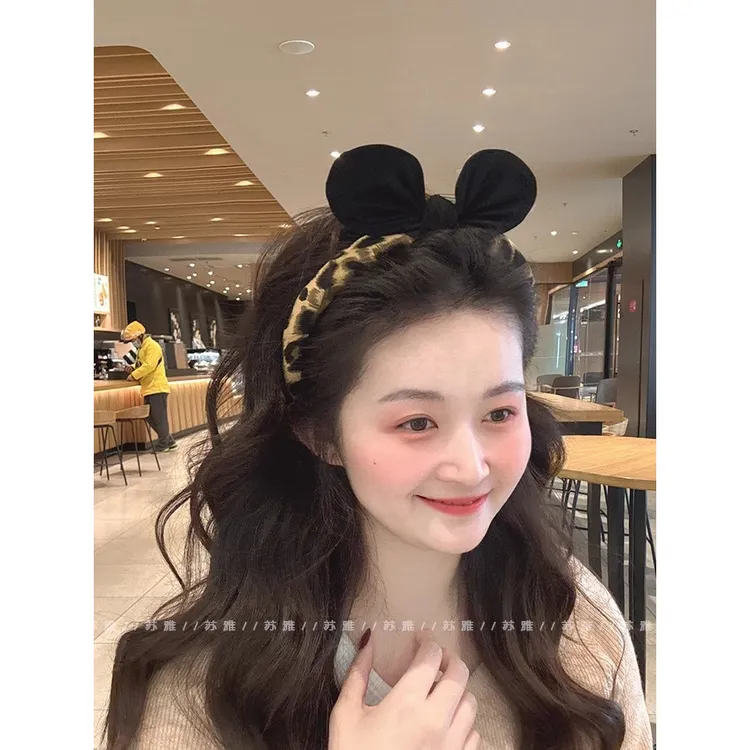 可爱立体兔耳朵蝴蝶结发夹豹纹海绵发箍女2024新款高颅顶洗脸头箍