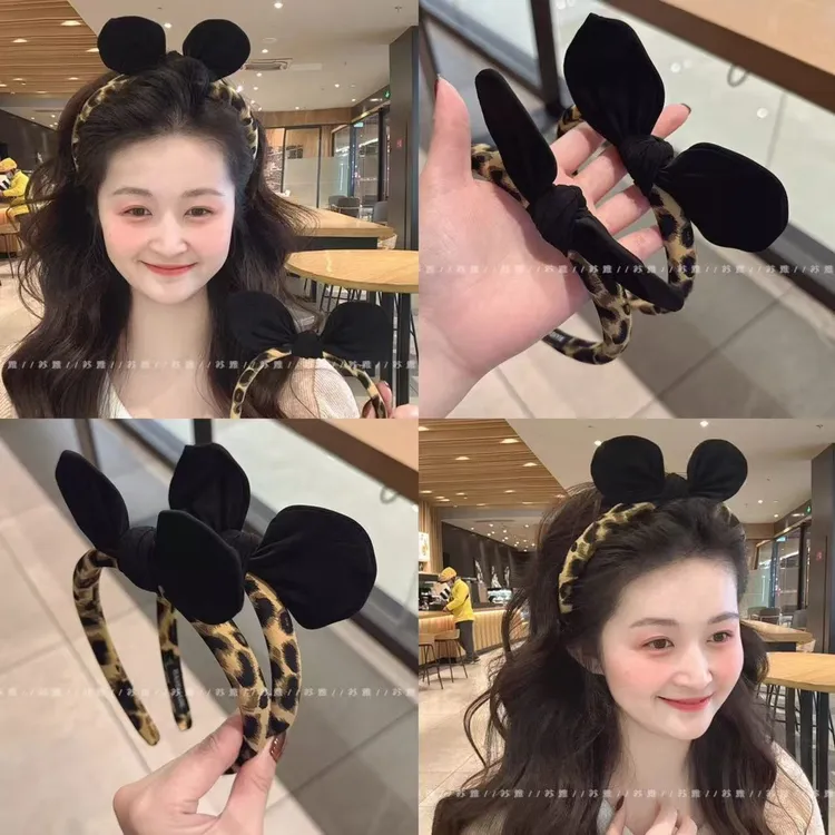 可爱立体兔耳朵蝴蝶结发夹豹纹海绵发箍女2024新款高颅顶洗脸头箍