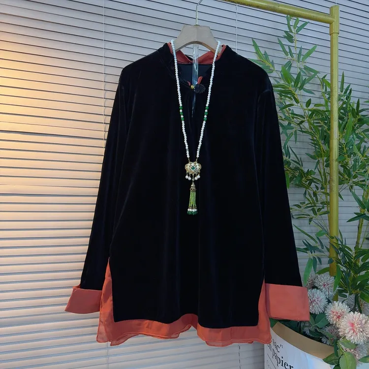 3297胖妹妹秋冬新款时尚半高领拼接假两件中长款侧开衩遮肉显瘦衫