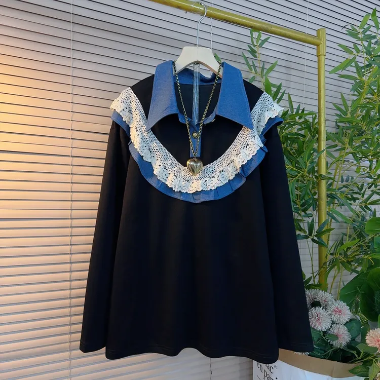 2481欧货时尚百搭款拼色翻领拼接蕾丝花边遮肉显瘦设计感大码衫