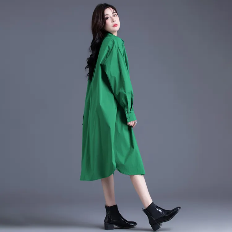 高级感绿色衬衫裙春夏季新款连衣裙女士纯色开衫长裙高档长款衬衣