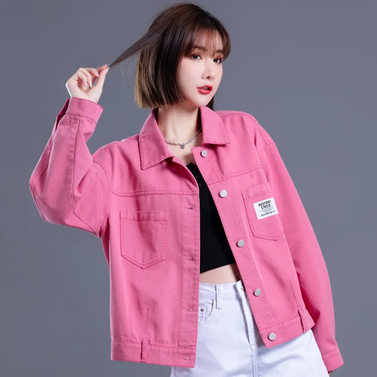 玫红色牛仔外套女春秋时尚开衫牛仔衣2025年新款粉色女装夹克上衣