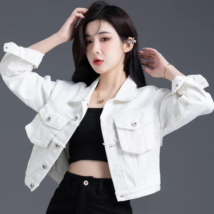 时尚白色牛仔外套女春秋季新款高腰短款小款牛仔衣女工装夹克小众
