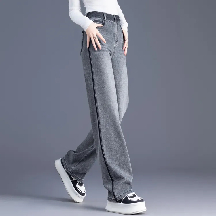 时尚黑灰撞色牛仔裤女春秋季高腰裤子女窄版阔腿裤宽松直筒裤长裤