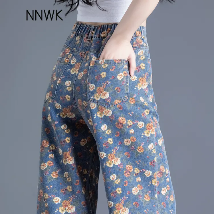 印花牛仔裤女款爆款2025新款宽松阔腿裤春秋季高腰裤子潮款直筒裤