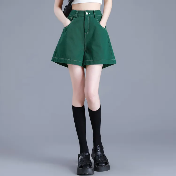 绿色高腰牛仔短裤女夏季薄款宽松阔腿五分裤2025新款韩版四分中裤