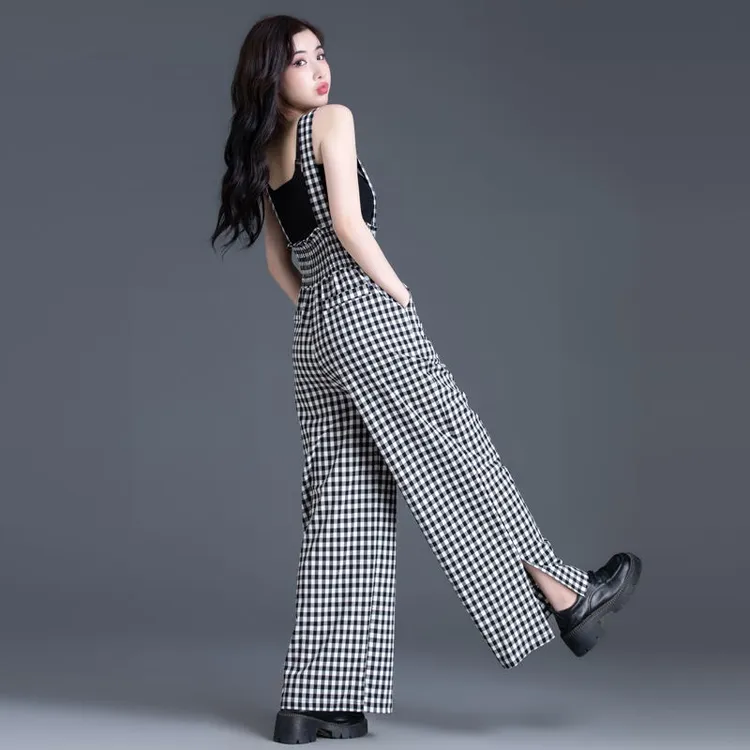 夏季薄款棋盘格设计感背带裤2025新款黑白格子阔腿裤女休闲连体裤