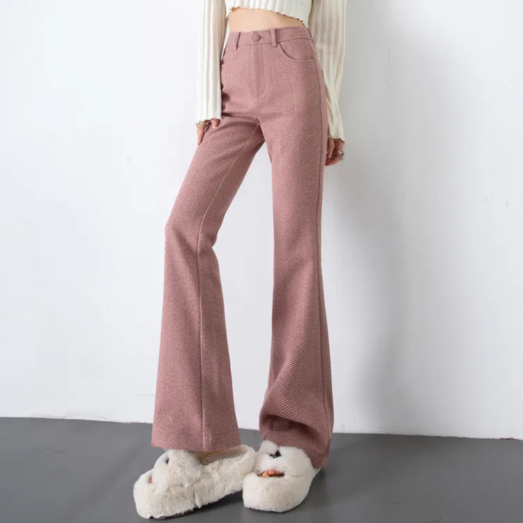 粉色高腰毛呢裤子女秋冬天加厚微喇叭裤阔腿直筒休闲裤人字纹女裤