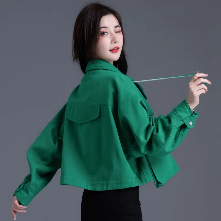 绿色牛仔外套女2025春秋新款小个子女装设计感小众上衣遮肚子显瘦