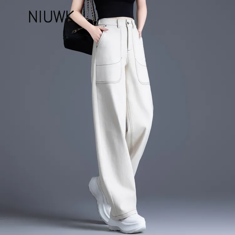 米白色加绒牛仔裤女2025秋冬高腰裤子女阔腿裤宽松显瘦休闲直筒裤