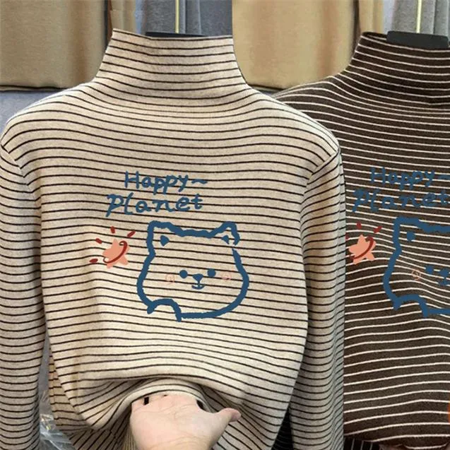 秋冬季儿童保暖德绒条纹长袖T恤男女童加厚半高领上衣宝宝打底衫