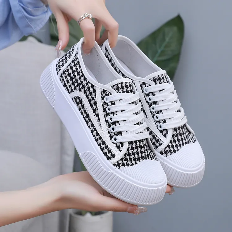 春秋新款韩版时尚帆布鞋女单鞋厚底千鸟格运动布鞋高档圆头鞋子女