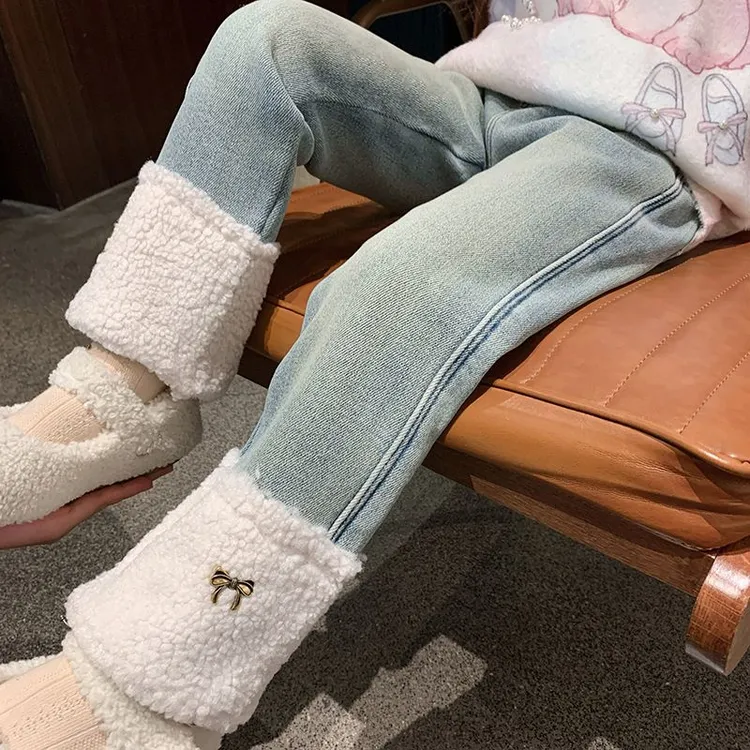 女童加绒牛仔直筒裤2025冬季新款洋气儿童加厚保暖休闲长裤冬装潮