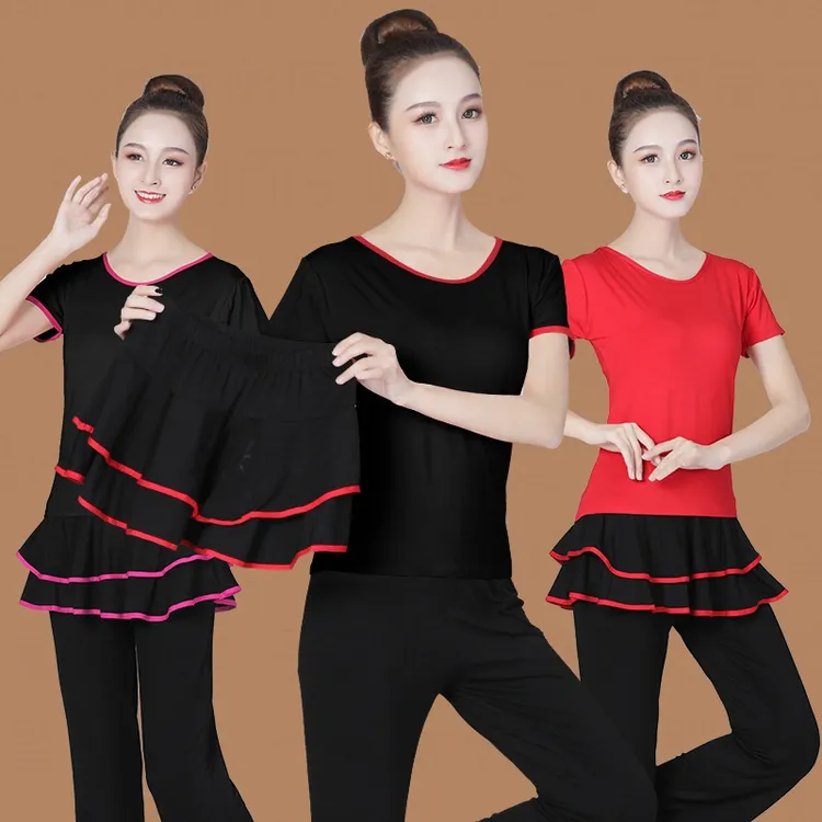 新款广场舞短袖套装舞蹈服演出套裙大妈跳舞服装女三件套衣服裙子