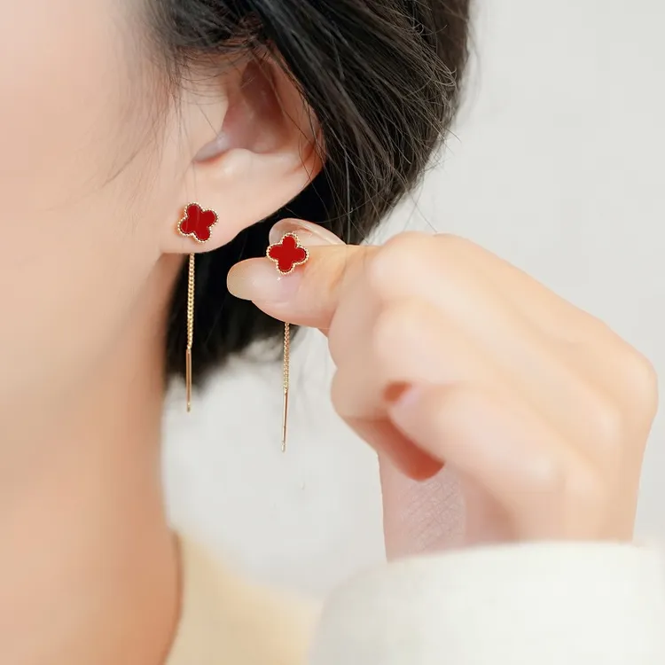 铜合金耳饰 高定！四叶草耳线2024年时尚百搭长款流苏耳钉耳环女