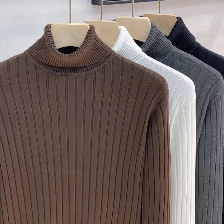 男士毛衣坑条纹纯色高领休闲毛衣男修身保暖针织衫翻领长袖打底衫