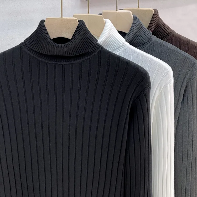 男士毛衣坑条纹黑色高领休闲毛衣男修身保暖针织衫翻领长袖打底衫