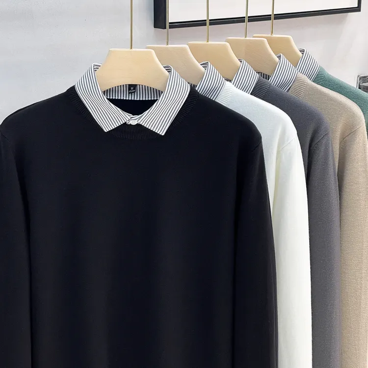 男士衬衫领长袖针织衫秋冬款休闲新款打底衫保暖冬季假两件衬衫男