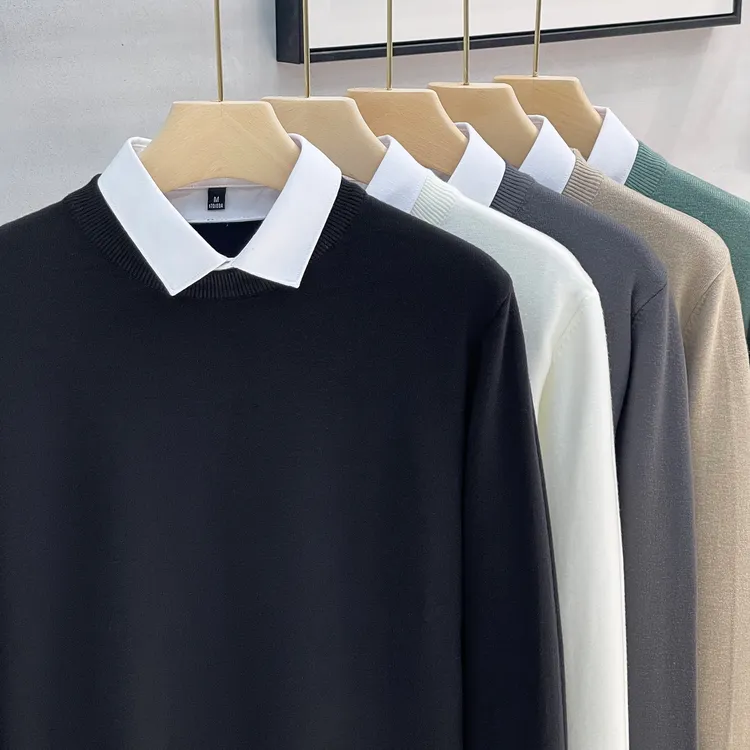 男士假两件毛衣男衬衣领内搭秋冬轻商务韩版打底衫秋季长袖上衣