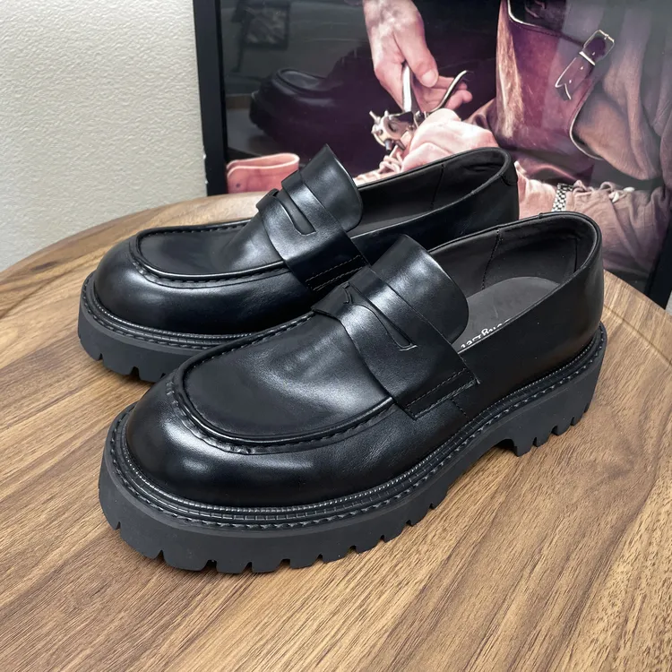 新款男士高端休闲皮鞋马皮乐福鞋一脚蹬套脚厚底增高时尚套脚鞋
