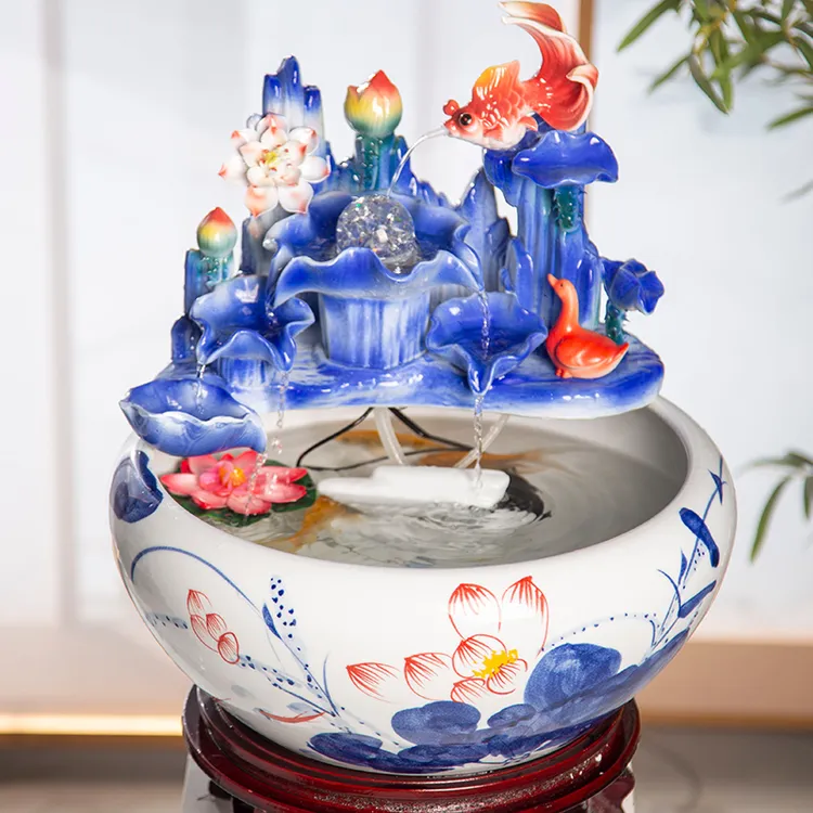 景德镇青花手绘金玉满堂加湿器养鱼缸创意桌面摆件送礼乔迁寓意好