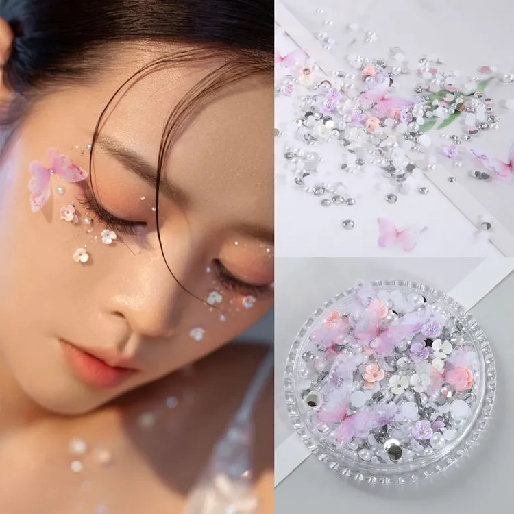 节日脸贴舞台妆容爱心钻红钻泪钻眼妆亮钻薄纱蝴蝶眼角饰品可爱