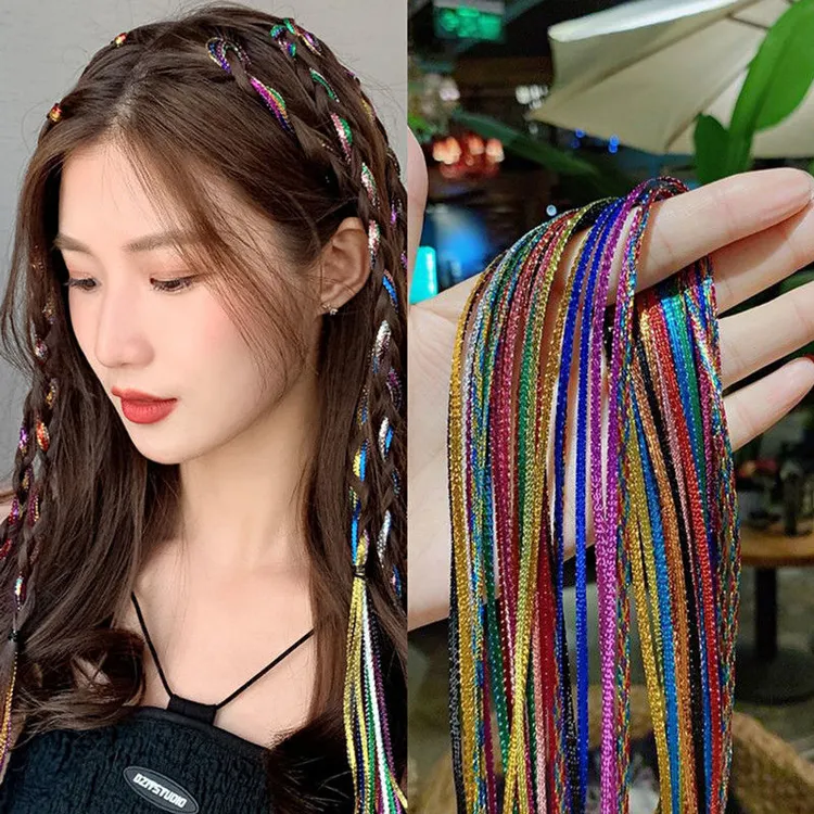 网红编发彩绳脏脏辫七彩闪光女孩彩带渐变民族风扎头发绳丝带发饰