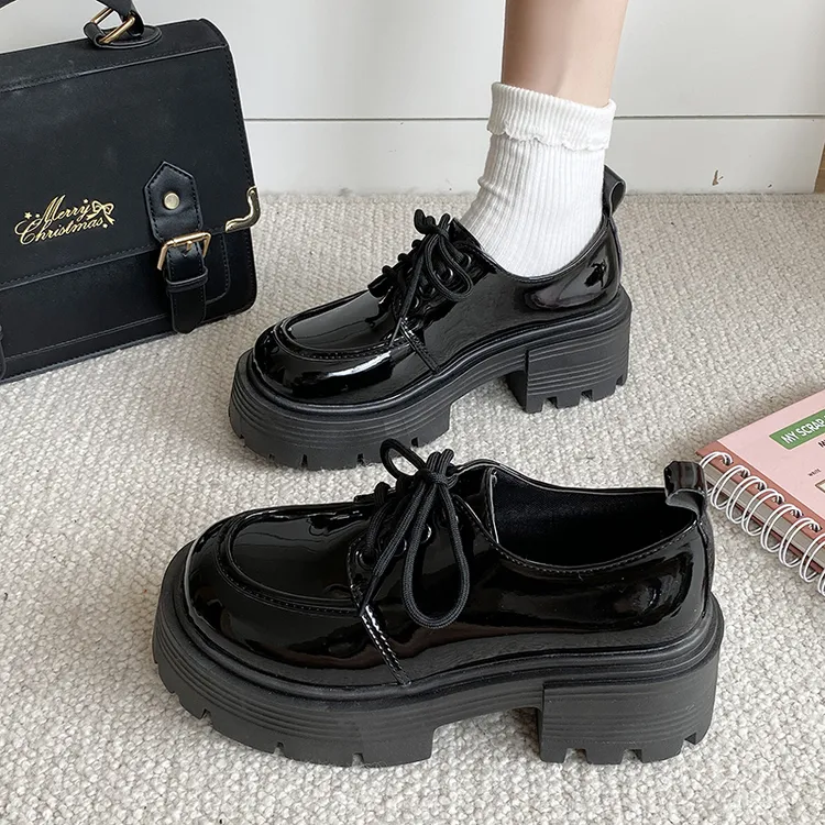 黑色圆头小皮鞋女春秋2024年新款韩版学生厚底粗跟配裙子JK乐福鞋