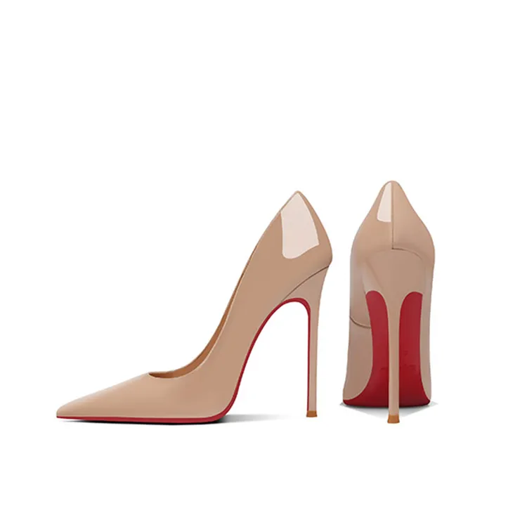 裸色高跟鞋女2023爆款洋气尖头红底软漆皮细跟浅口职业鞋时尚法式